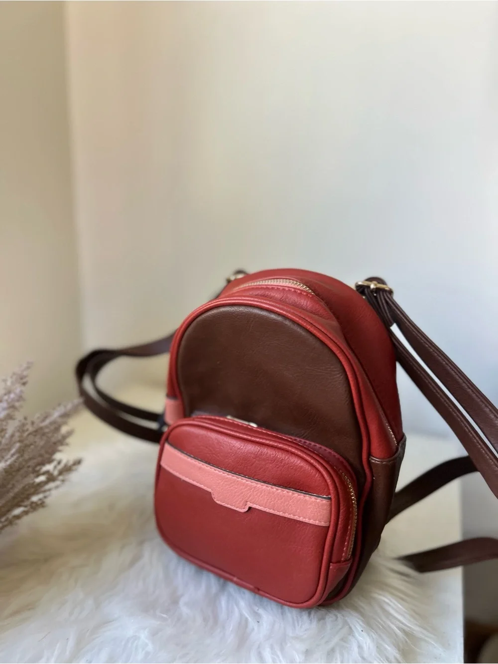 No boundaries Compact Two-Tone Leather Mini Backpack in Red and Brown new